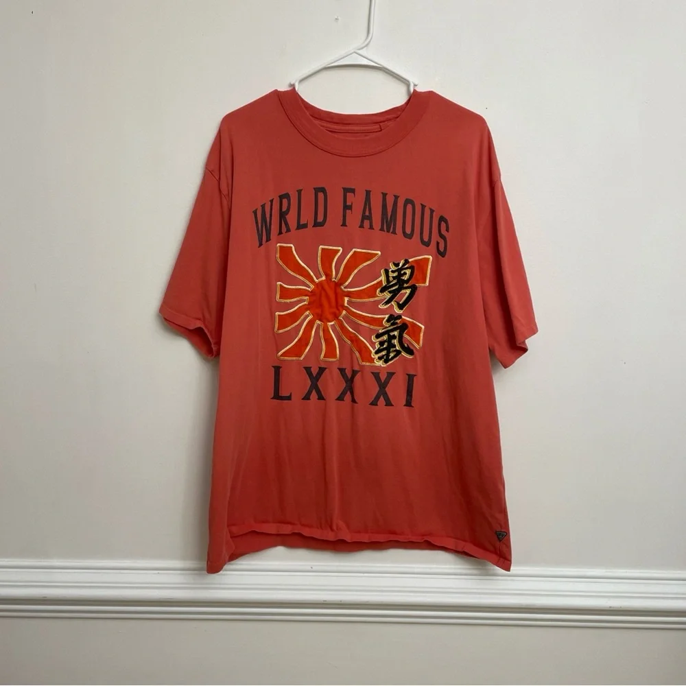 GUESS Wrld Famous Sun Graphic T-Shirt Men’s XL Short Sleeve Orange - Picture 1 of 7
